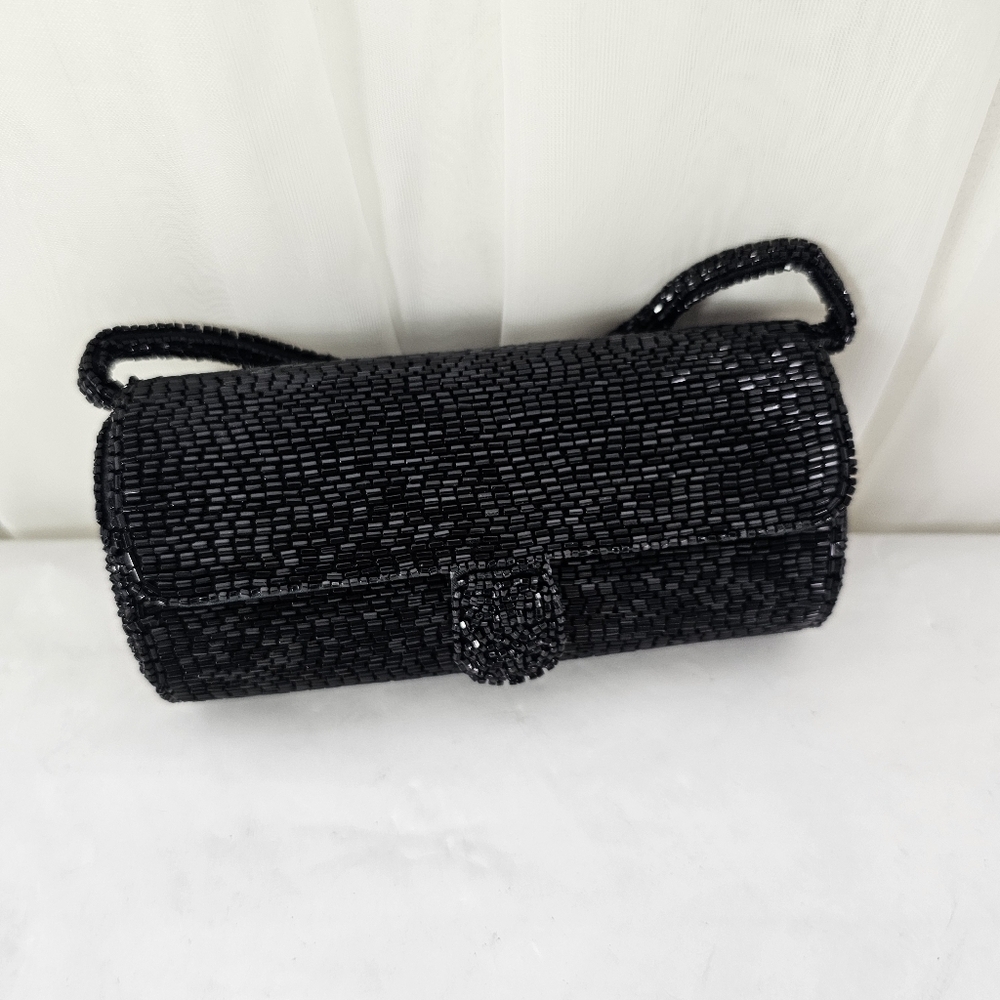 Vintage Lederer De Paris Black Round Beaded Mini Evening Bag